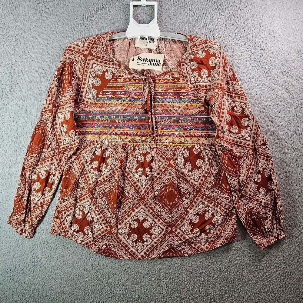 NEW Savanna Jane Embroidered Top Blouse Women Small Paisley Maroon White